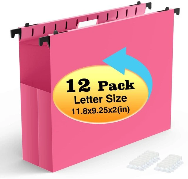 Main image of Extra Capacity Plastic Hanging File Folders, 12 Pack, Letter, Pink Letter Size, Reinforced Expanding Hang Folder, Accordian Pocket, Heavy Duty 2" Expansion, Hanging Folder Organizer for Office