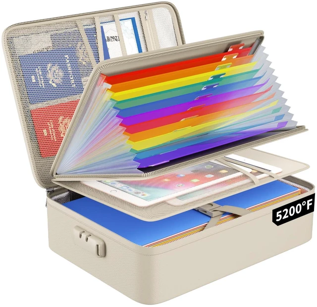 Main image of Fireproof File Organizer Bag with 13 Pockets Accordion File Folder 5200 Document Organizer Box with Lock & Labels, Multi-Layer, Portable Home Safe Storage for Important Documents, Beige