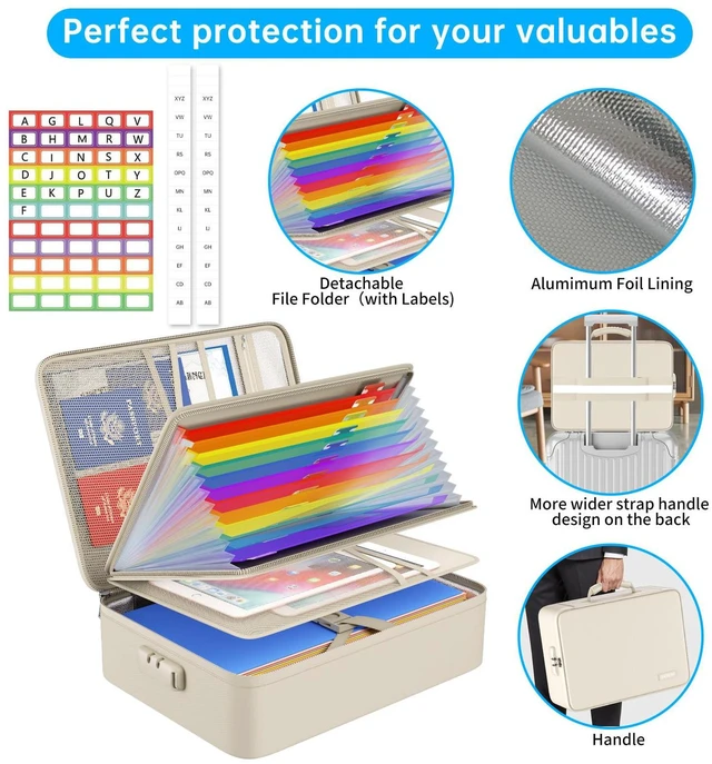 Alt view image 4 of 7 - Fireproof File Organizer Bag with 13 Pockets Accordion File Folder 5200 Document Organizer Box with Lock & Labels, Multi-Layer, Portable Home Safe Storage for Important Documents, Beige
