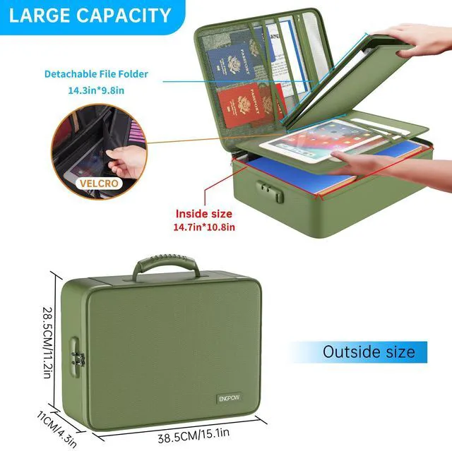 Alt view image 3 of 7 - Fireproof File Organizer Bag with 13 Pockets Accordion File Folder 5200 Document Organizer Box with Lock & Labels, Multi-Layer, Portable Home Safe Storage for Important Documents, Green