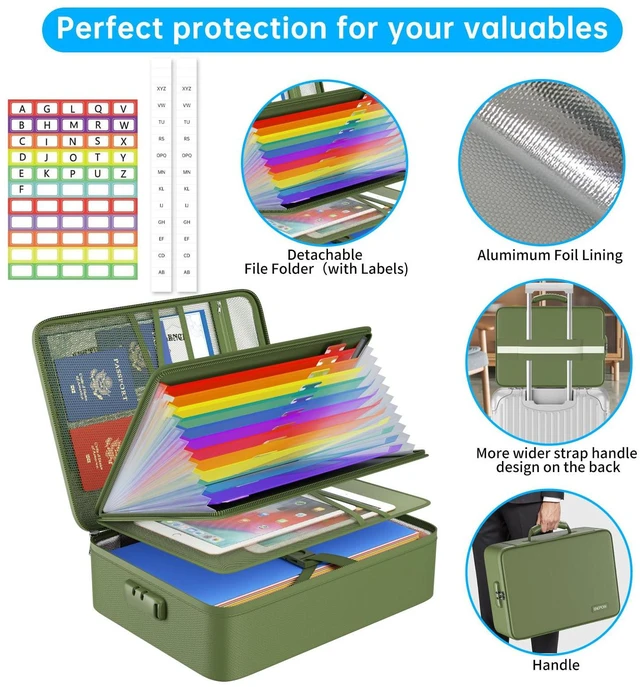 Alt view image 4 of 7 - Fireproof File Organizer Bag with 13 Pockets Accordion File Folder 5200 Document Organizer Box with Lock & Labels, Multi-Layer, Portable Home Safe Storage for Important Documents, Green