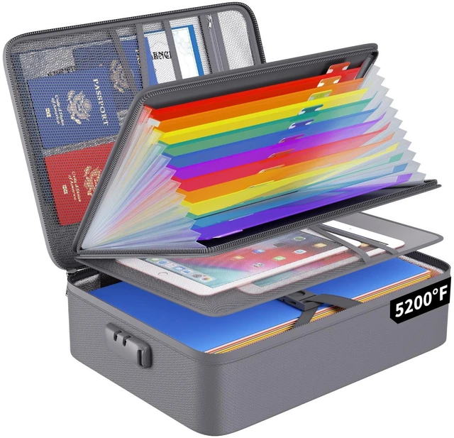 Main image of Fireproof File Organizer Bag with 13 Pockets Accordion File Folder 5200 Document Organizer Box with Lock & Labels, Multi-Layer, Portable Home Safe Storage for Important Documents, Gray