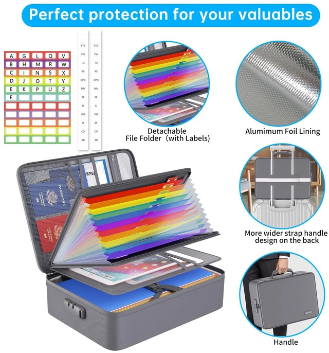 Alt view image 4 of 7 - Fireproof File Organizer Bag with 13 Pockets Accordion File Folder 5200 Document Organizer Box with Lock & Labels, Multi-Layer, Portable Home Safe Storage for Important Documents, Gray
