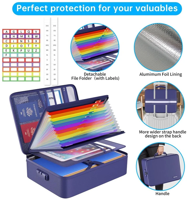 Alt view image 4 of 7 - Fireproof File Organizer Bag with 13 Pockets Accordion File Folder 5200 Document Organizer Box with Lock & Labels, Multi-Layer, Portable Home Safe Storage for Important Documents, Blue