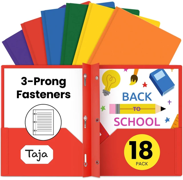 Main image of Plastic Folders with Pockets and Prongs (18 Pack, Bright Colors), 2-Pocket Poly Folders with 3 Hole Punch and Business Card Slot, Fits Letter Size Paper, for School, Office, or Home Use