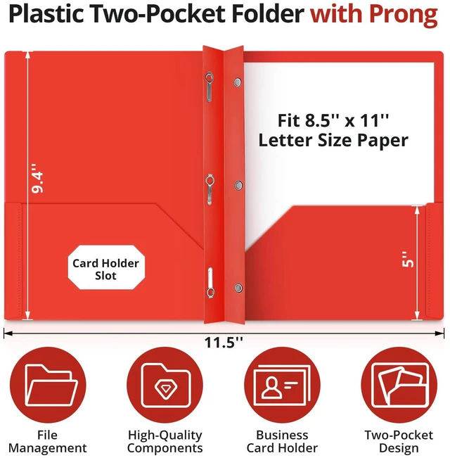 Alt view image 2 of 7 - Plastic Folders with Pockets and Prongs (18 Pack, Bright Colors), 2-Pocket Poly Folders with 3 Hole Punch and Business Card Slot, Fits Letter Size Paper, for School, Office, or Home Use