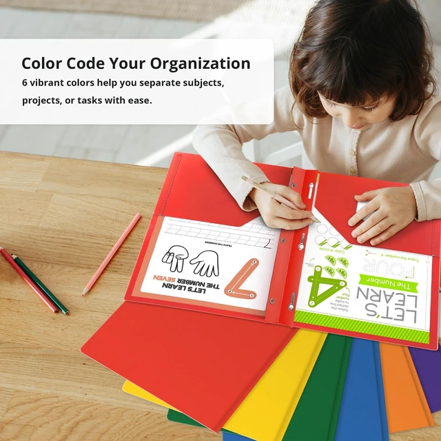Alt view image 4 of 7 - Plastic Folders with Pockets and Prongs (18 Pack, Bright Colors), 2-Pocket Poly Folders with 3 Hole Punch and Business Card Slot, Fits Letter Size Paper, for School, Office, or Home Use