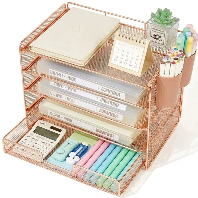 Main image of Desk Organizer and Accessories, 5-Tier Paper Letter Tray Organizer with Drawer & 2 Pen Holders for Desktop File Organization, Office Desk Accessories for Supplies Storage (Rose Gold)