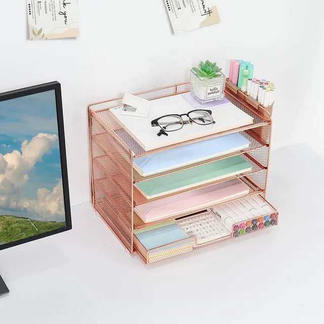 Alt view image 3 of 7 - Desk Organizer and Accessories, 5-Tier Paper Letter Tray Organizer with Drawer & 2 Pen Holders for Desktop File Organization, Office Desk Accessories for Supplies Storage (Rose Gold)