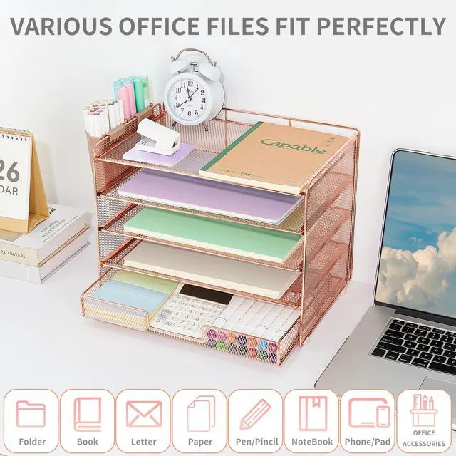Alt view image 4 of 7 - Desk Organizer and Accessories, 5-Tier Paper Letter Tray Organizer with Drawer & 2 Pen Holders for Desktop File Organization, Office Desk Accessories for Supplies Storage (Rose Gold)