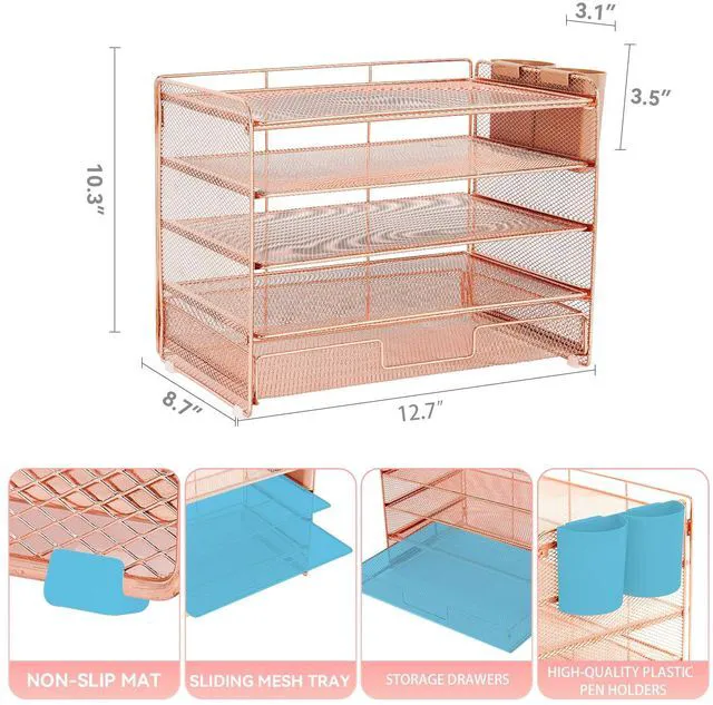 Alt view image 2 of 7 - Desk Organizer and Accessories, 5-Tier Paper Letter Tray Organizer with Drawer & 2 Pen Holders for Desktop File Organization, Office Desk Accessories for Supplies Storage (Rose Gold)