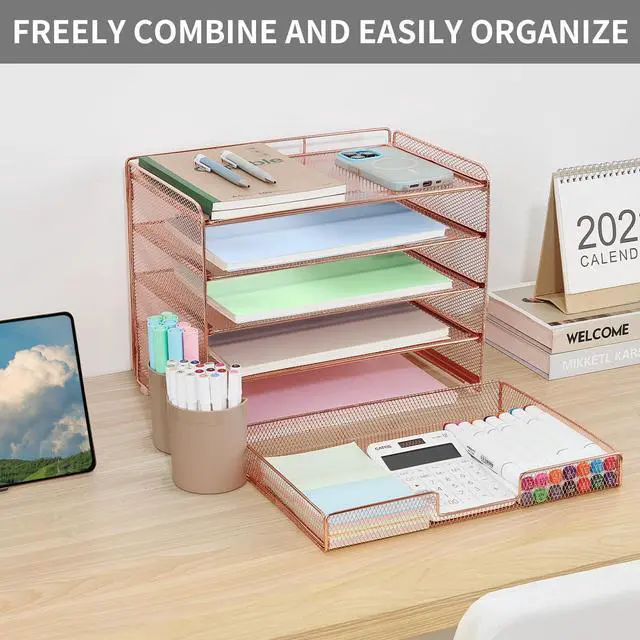 Alt view image 5 of 7 - Desk Organizer and Accessories, 5-Tier Paper Letter Tray Organizer with Drawer & 2 Pen Holders for Desktop File Organization, Office Desk Accessories for Supplies Storage (Rose Gold)