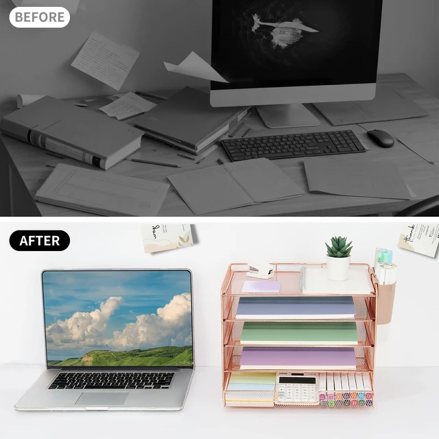 Alt view image 6 of 7 - Desk Organizer and Accessories, 5-Tier Paper Letter Tray Organizer with Drawer & 2 Pen Holders for Desktop File Organization, Office Desk Accessories for Supplies Storage (Rose Gold)