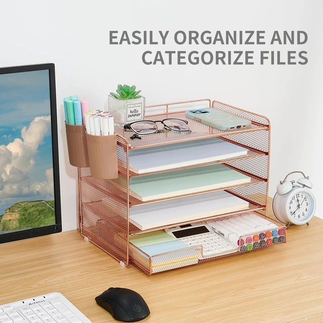 Alt view image 7 of 7 - Desk Organizer and Accessories, 5-Tier Paper Letter Tray Organizer with Drawer & 2 Pen Holders for Desktop File Organization, Office Desk Accessories for Supplies Storage (Rose Gold)