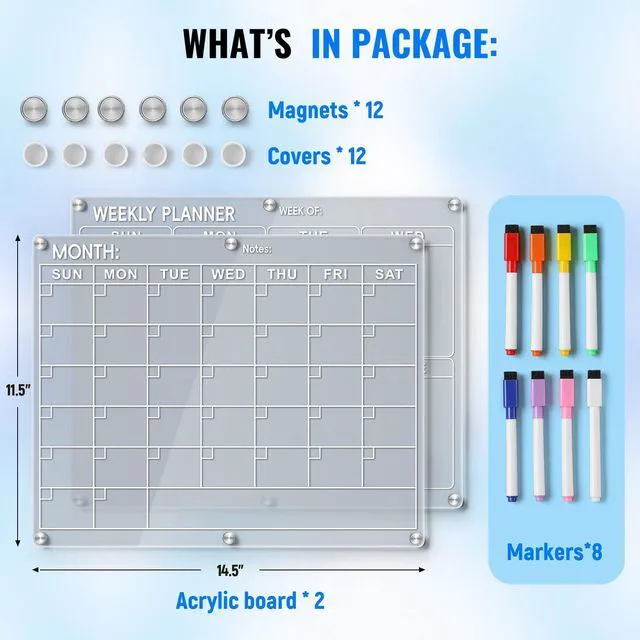 Alt view image 2 of 7 - Magnetic Acrylic Calendar for Fridge, 2 Pack Clear Dry Erase Board for Refrigerator, Monthly Planner and Weekly Planner with 8 Colorful Markers, Meal Planner Menu Board for Fridge -14.5''*11.5