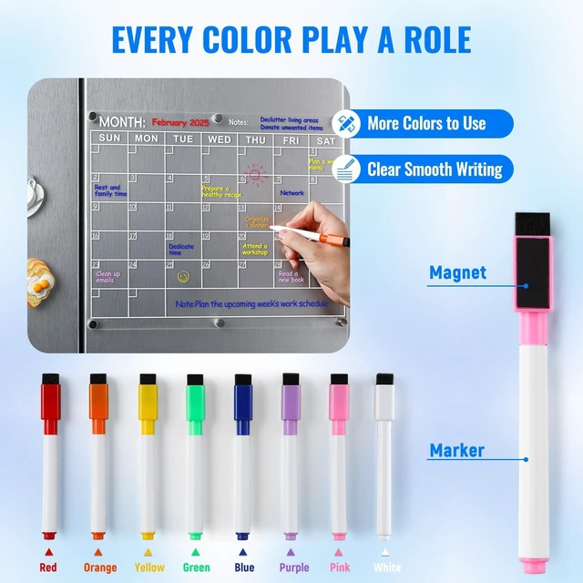 Alt view image 6 of 7 - Magnetic Acrylic Calendar for Fridge, 2 Pack Clear Dry Erase Board for Refrigerator, Monthly Planner and Weekly Planner with 8 Colorful Markers, Meal Planner Menu Board for Fridge -14.5''*11.5