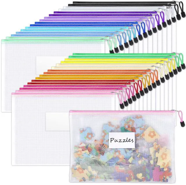 Main image of 32 Pack Mesh Zipper Pouch Bags, A4 Letter Size, Classroom Zipper Bags Waterproof Bag Organizer with Label Pocket, School Office Teacher Student Supplies, Storage Pouches Board Game Toy Storage