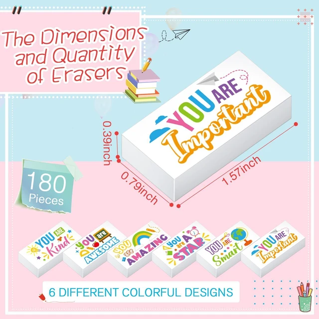 Alt view image 3 of 7 - 180 Pcs Inspirational Erasers,Inspirational,White Bulk Pencil Erasers, 6 Motivational Designs, Classroom Rewards Drawing Supplies, Back to School Teacher Essentials