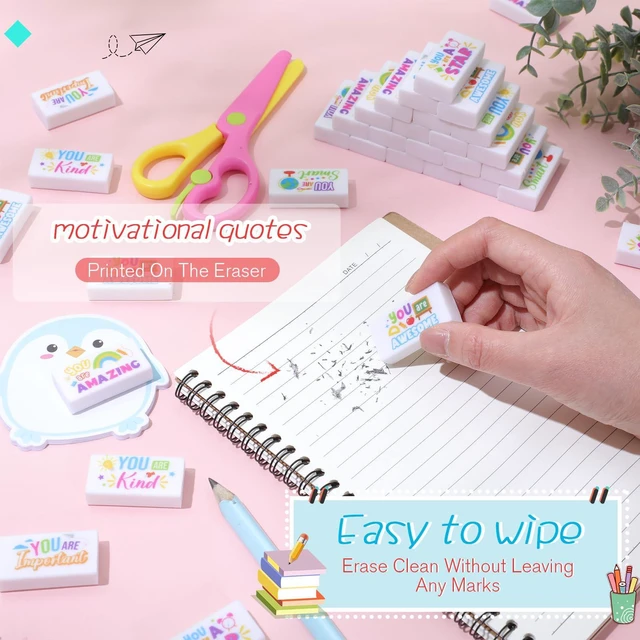 Alt view image 5 of 7 - 180 Pcs Inspirational Erasers,Inspirational,White Bulk Pencil Erasers, 6 Motivational Designs, Classroom Rewards Drawing Supplies, Back to School Teacher Essentials