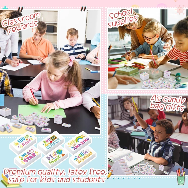 Alt view image 7 of 7 - 180 Pcs Inspirational Erasers,Inspirational,White Bulk Pencil Erasers, 6 Motivational Designs, Classroom Rewards Drawing Supplies, Back to School Teacher Essentials