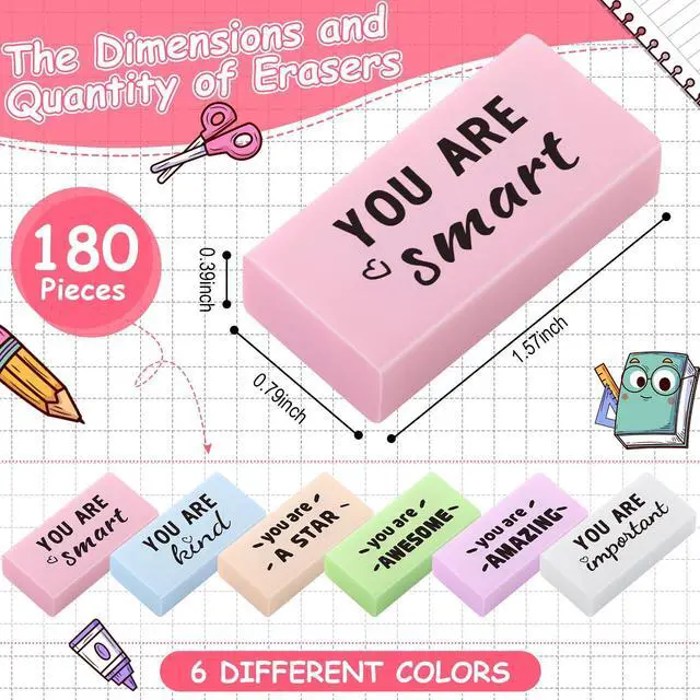 Alt view image 3 of 7 - 180 Pcs Inspirational Erasers,Motivational,Macaron Bulk Pencil Erasers, 6 Motivational Designs, Classroom Rewards Drawing Supplies, Back to School Teacher Essentials