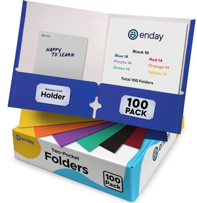 Main image of Paper Folders with Pockets (100 Pack) Assorted Colors - Letter Size Two Pocket Folder, Premium Quality Bulk - Purple, Blue, Green, Red, Yellow, Orange & Black, by