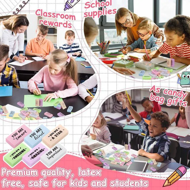 Alt view image 7 of 7 - 180 Pcs Inspirational Erasers,Motivational,Macaron Bulk Pencil Erasers, 6 Motivational Designs, Classroom Rewards Drawing Supplies, Back to School Teacher Essentials