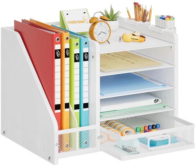 Main image of Desk Organizer with File Holder, 5-Tier Paper Letter Tray Organizer with Drawer and 2 Pen Holder, Mesh Desktop Organizer and Storage with Magazine Holder for Office Supplies (Wood-White)