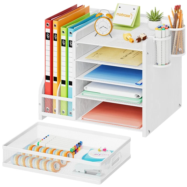 Alt view image 2 of 7 - Desk Organizer with File Holder, 5-Tier Paper Letter Tray Organizer with Drawer and 2 Pen Holder, Mesh Desktop Organizer and Storage with Magazine Holder for Office Supplies (Wood-White)