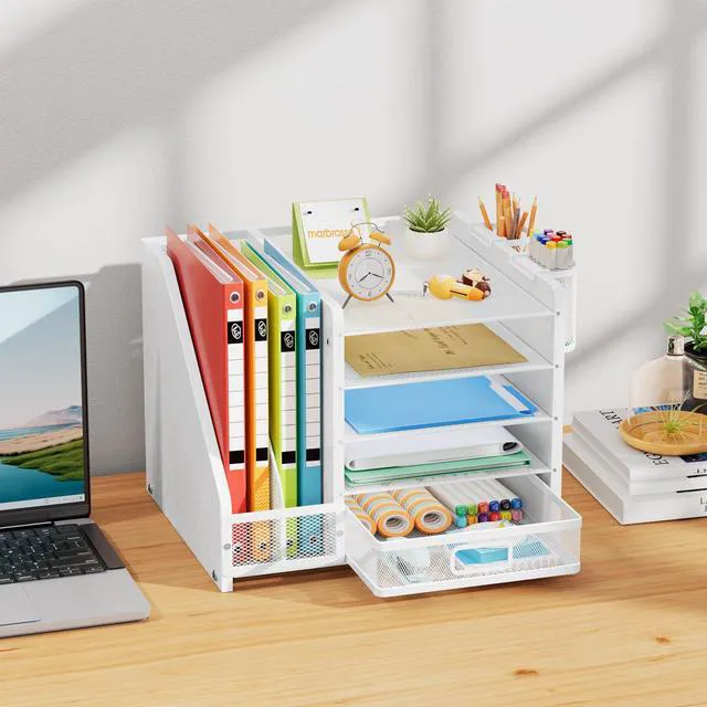 Alt view image 3 of 7 - Desk Organizer with File Holder, 5-Tier Paper Letter Tray Organizer with Drawer and 2 Pen Holder, Mesh Desktop Organizer and Storage with Magazine Holder for Office Supplies (Wood-White)
