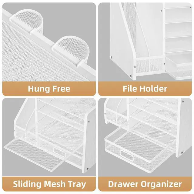 Alt view image 4 of 7 - Desk Organizer with File Holder, 5-Tier Paper Letter Tray Organizer with Drawer and 2 Pen Holder, Mesh Desktop Organizer and Storage with Magazine Holder for Office Supplies (Wood-White)