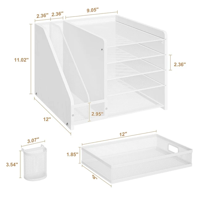 Alt view image 5 of 7 - Desk Organizer with File Holder, 5-Tier Paper Letter Tray Organizer with Drawer and 2 Pen Holder, Mesh Desktop Organizer and Storage with Magazine Holder for Office Supplies (Wood-White)