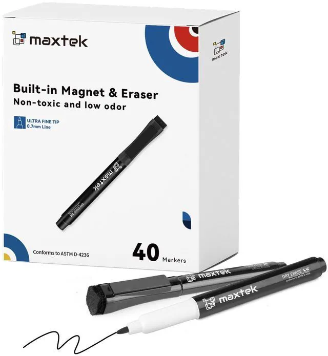 Main image of Dry Erase Markers, 40 Count, Black, Ultra Fine Tip 0.7mm Magnetic with Eraser, Extra Fine Point Thin, Low Odor