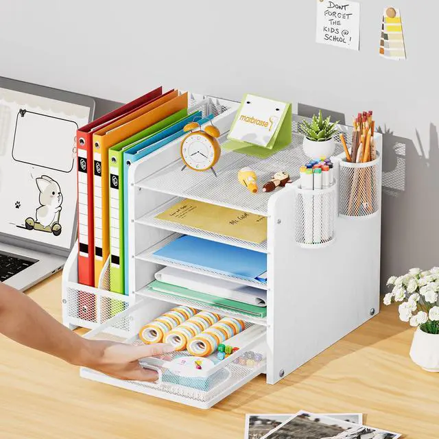 Alt view image 6 of 7 - Desk Organizer with File Holder, 5-Tier Paper Letter Tray Organizer with Drawer and 2 Pen Holder, Mesh Desktop Organizer and Storage with Magazine Holder for Office Supplies (Wood-White)