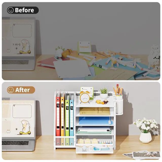 Alt view image 7 of 7 - Desk Organizer with File Holder, 5-Tier Paper Letter Tray Organizer with Drawer and 2 Pen Holder, Mesh Desktop Organizer and Storage with Magazine Holder for Office Supplies (Wood-White)