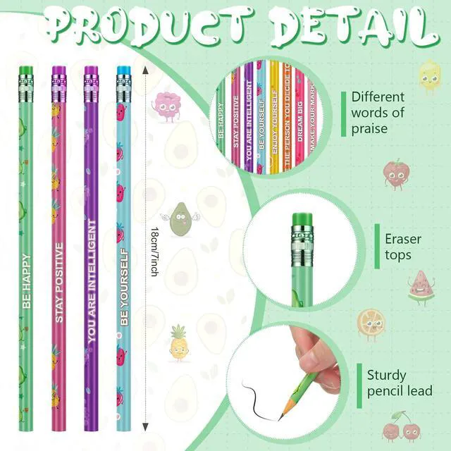 Alt view image 2 of 6 - 48 Pcs Scented Pencils for Kids Fun Wood HB Bulk with Erasers Cute Motivational Colorful Designs, Fruit Elements, for Student Classroom School Office, Rewards Party Favors Supplies