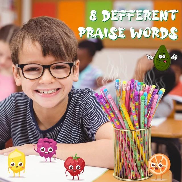 Alt view image 3 of 6 - 48 Pcs Scented Pencils for Kids Fun Wood HB Bulk with Erasers Cute Motivational Colorful Designs, Fruit Elements, for Student Classroom School Office, Rewards Party Favors Supplies