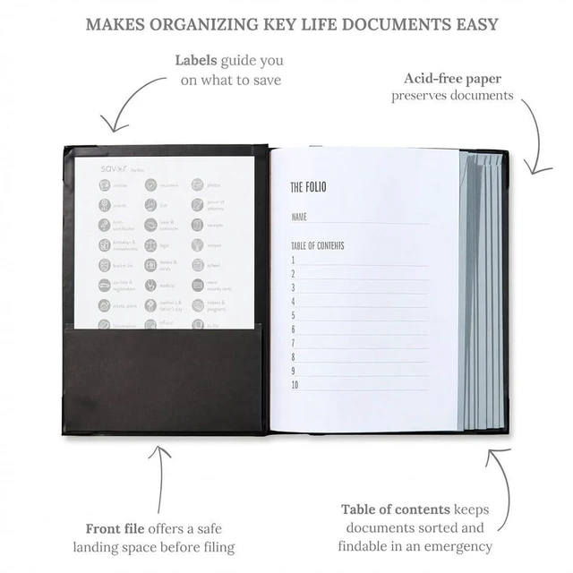 Alt view image 4 of 7 - The Folio® Important Document Organizer by | Binder with Guided Labels, Acid-Free File Folder Organizer with 10 Pockets, Document Holder for Home Records, Legal and Medical Papers (Black)