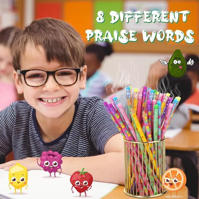 Alt view image 6 of 7 - 72 Pcs Scented Pencils for Kids Fun Wood HB Bulk with Erasers Cute Motivational Colorful Designs, Fruit Elements, for Student Classroom School Office, Rewards Party Favors Supplies