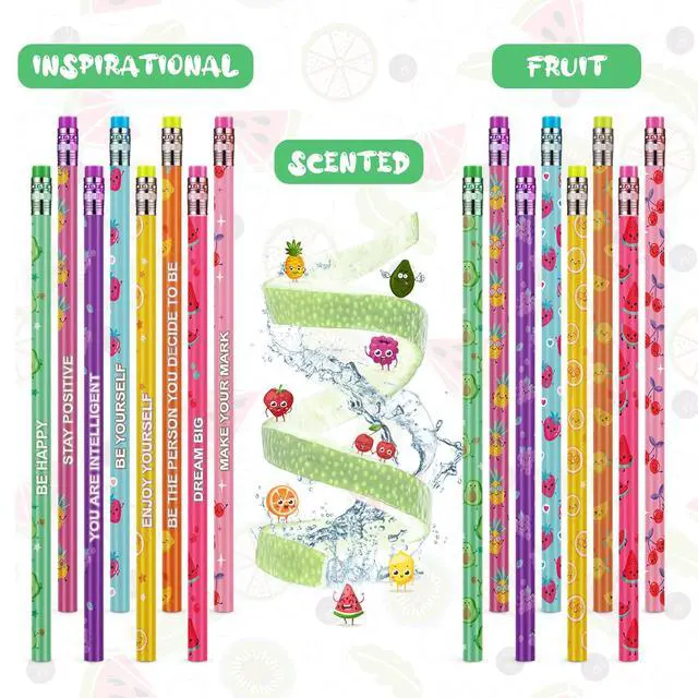 Alt view image 4 of 6 - 48 Pcs Scented Pencils for Kids Fun Wood HB Bulk with Erasers Cute Motivational Colorful Designs, Fruit Elements, for Student Classroom School Office, Rewards Party Favors Supplies