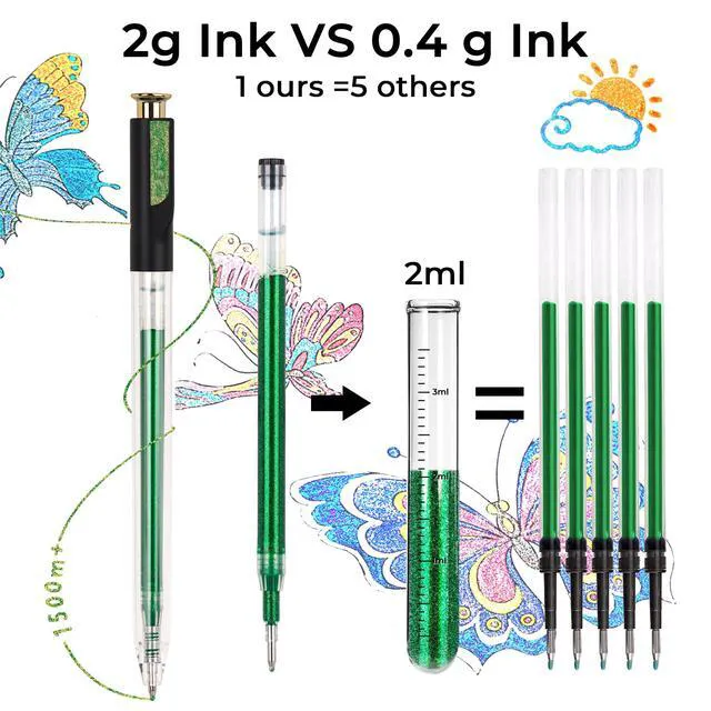 Alt view image 3 of 7 - Retractable Aurasparkle Glitter Gel Pens, 24 Large Capacity Metallic Pens 1 mm Fine Point Smooth Writing Color Pen for Adult Coloring Book Note Taking Aesthetic Art Supplies