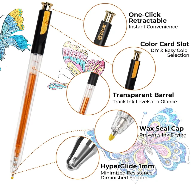 Alt view image 2 of 7 - Retractable Aurasparkle Glitter Gel Pens, 24 Large Capacity Metallic Pens 1 mm Fine Point Smooth Writing Color Pen for Adult Coloring Book Note Taking Aesthetic Art Supplies