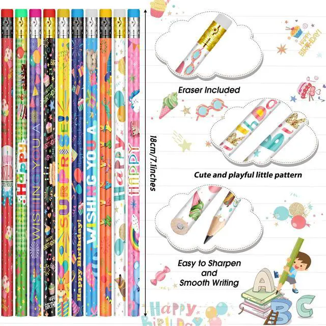 Alt view image 3 of 7 - 500 Pcs Happy Birthday Pencils for Student Bulk, 10 Assorted Styles Colorful Pencils with Top Erasers for Teacher Rewards, Classroom Prizes, Birthday Party Favors Gifts