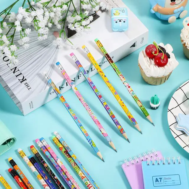 Alt view image 4 of 7 - 500 Pcs Happy Birthday Pencils for Student Bulk, 10 Assorted Styles Colorful Pencils with Top Erasers for Teacher Rewards, Classroom Prizes, Birthday Party Favors Gifts