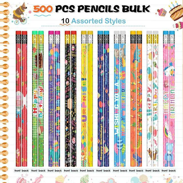 Alt view image 2 of 7 - 500 Pcs Happy Birthday Pencils for Student Bulk, 10 Assorted Styles Colorful Pencils with Top Erasers for Teacher Rewards, Classroom Prizes, Birthday Party Favors Gifts