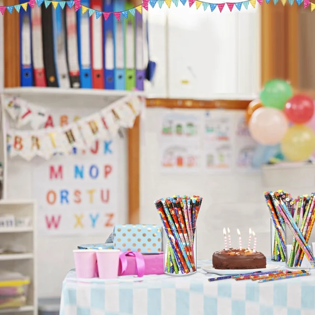Alt view image 7 of 7 - 500 Pcs Happy Birthday Pencils for Student Bulk, 10 Assorted Styles Colorful Pencils with Top Erasers for Teacher Rewards, Classroom Prizes, Birthday Party Favors Gifts