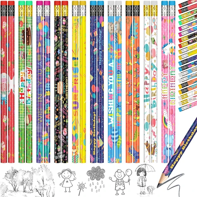 Main image of 500 Pcs Happy Birthday Pencils for Student Bulk, 10 Assorted Styles Colorful Pencils with Top Erasers for Teacher Rewards, Classroom Prizes, Birthday Party Favors Gifts