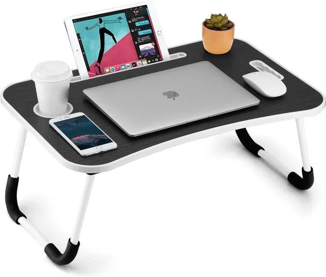 Main image of Foldable Laptop Table, Portable Lap Desk Bed Table Tray, Laptop Stand with Cup Holder & Tablet Slot & Lifting Handle for Working Writing Drawing & Eating (Black Grain)