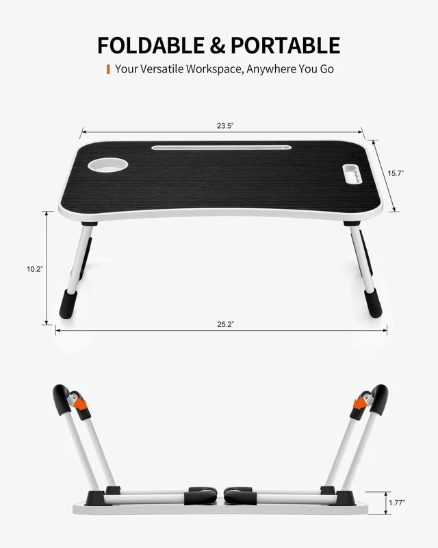Alt view image 2 of 6 - Foldable Laptop Table, Portable Lap Desk Bed Table Tray, Laptop Stand with Cup Holder & Tablet Slot & Lifting Handle for Working Writing Drawing & Eating (Black Grain)