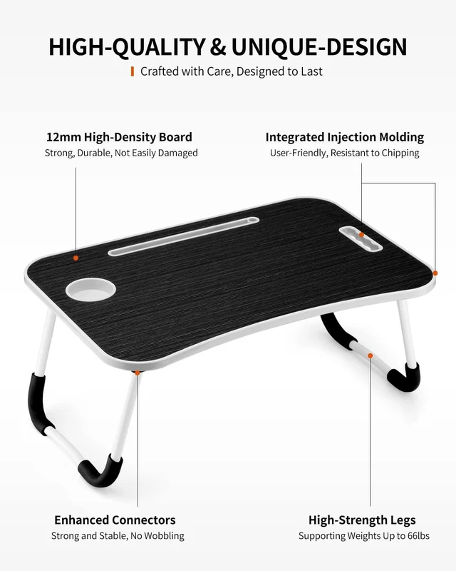 Alt view image 6 of 6 - Foldable Laptop Table, Portable Lap Desk Bed Table Tray, Laptop Stand with Cup Holder & Tablet Slot & Lifting Handle for Working Writing Drawing & Eating (Black Grain)